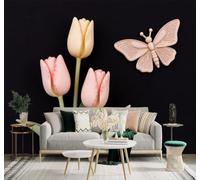 XLMING Pink Tulips Butterflies Black Background Floral Art 3D Wallpaper Silky Texture Home Study Office Grey Dining Room Sofa Bedroom Living Room TV Backdrop-200cm×140cm