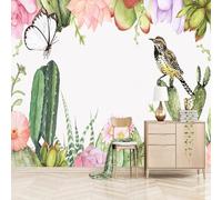 XLMING Plants Cactus Flowers Butterflies Little Birds 3D Wallpaper Luxury Silk Study Dining Feature Sofa Grey Bedroom Living Room Tv Decorative Wall-200cm×140cm