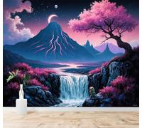 XLMING Purple Fantasy Landscape Mountain Peaks Waterfall Crescent Moon Flowering Trees 3D Wallpaper Premium Textured Silk Study Dining Living Room Bedroom Sofa TV Wall Easy Install-350cm×256cm
