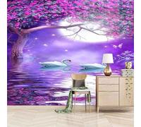 XLMING Purple Floral Large Tree Moon Swan 3D Wallpaper Premium Textured Silk Study Dining Living Room Bedroom Sofa TV Wall Easy Install-350cm×256cm
