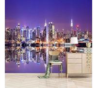 XLMING Purple Sky City Building Reflection 3D Wallpaper Premium Textured Silk Study Dining Living Room Bedroom Sofa TV Wall Easy Install-430cm×300cm
