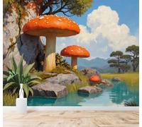 XLMING Red Mushrooms Rocks Rivers Green Trees Mountain Scenery 3D Wallpaper Silky Texture Home Study Office Grey Dining Room Sofa Bedroom Living Room TV Backdrop-200cm×140cm