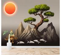 XLMING Red Sun Mountains Pine Trees Little Fish Landscape 3D Wallpaper Silky Texture Home Study Office Grey Dining Room Sofa Bedroom Living Room TV Backdrop-400cm×280cm