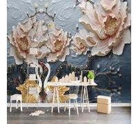XLMING Relief Pink Flowers Swan Art 3D Wallpaper Silky Texture Home Study Office Grey Dining Room Sofa Bedroom Living Room TV Backdrop-430cm×300cm