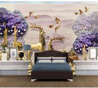 XLMING Relief Purple Forest Golden Deer Birds in Flight 3D Wallpaper Luxury Home Dining Decor Paste Sofa Living Room The Wall for Bedroom Mural-150cm×105cm