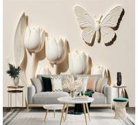 XLMING Relief White Tulip Butterfly Artistic Style 3D Wallpaper Premium Textured Silk Study Dining Living Room Bedroom Sofa TV Wall Easy Install-350cm×256cm