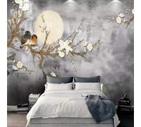 XLMING Retro Art White Plum Blossoms Moon Birds 3D Wallpaper Premium Textured Silk Study Dining Living Room Bedroom Sofa TV Wall Easy Install-400cm×280cm