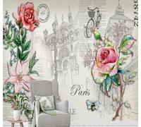 XLMING Retro Black and White Architecture Pink Flowers 3D Wallpaper Premium Textured Silk Study Dining Living Room Bedroom Sofa TV Wall Easy Install-400cm×280cm