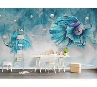 XLMING Retro Blue Geometric Pearl Little Fish 3D Wallpaper Premium Textured Silk Study Dining Living Room Bedroom Sofa TV Wall Easy Install-300cm×210cm