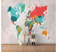 XLMING Retro Cartoon Creative Colourful World Map 3D Wallpaper Premium Textured Silk Study Dining Living Room Bedroom Sofa TV Wall Easy Install-350cm×256cm