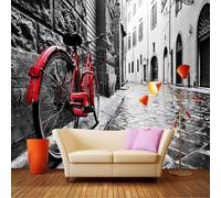 XLMING Retro Grey Architecture Red Bicycle 3D Wallpaper Silky Texture Home Study Office Grey Dining Room Sofa Bedroom Living Room TV Backdrop-300cm×210cm