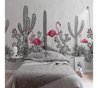 XLMING Retro Hand Drawn Art Flamingo Grey Cactus 3D Wallpaper Premium Textured Silk Study Dining Living Room Bedroom Sofa TV Wall Easy Install-350cm×256cm