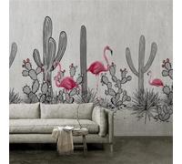 XLMING Retro Hand Drawn Art Flamingo Grey Cactus 3D Wallpaper Silky Texture Home Study Office Grey Dining Room Sofa Bedroom Living Room TV Backdrop-250cm×170cm