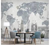 XLMING Retro Hand Drawn World Map City Architecture Hot Air Balloon 3D Wallpaper Silky Texture Home Study Office Grey Dining Room Sofa Bedroom Living Room TV Backdrop-300cm×210cm
