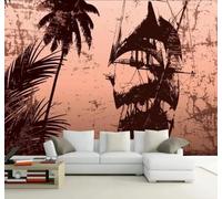 XLMING Retro Hand Painted Coconut Trees Sailboats Art 3D Wallpaper Premium Textured Silk Study Dining Living Room Bedroom Sofa TV Wall Easy Install-400cm×280cm
