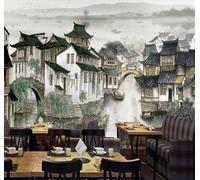 XLMING Retro Ink Wash Hand Drawn Architecture River 3D Wallpaper Premium Textured Silk Study Dining Living Room Bedroom Sofa TV Wall Easy Install-250cm×170cm
