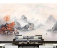 XLMING Retro Ink Wash Landscape Trees Birds 3D Wallpaper Luxury Silk Study Dining Feature Sofa Grey Bedroom Living Room Tv Decorative Wall-400cm×280cm