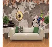 XLMING Retro Nostalgic Brick Wall World Tour Map Graffiti 3D Wallpaper Silky Texture Home Study Office Grey Dining Room Sofa Bedroom Living Room TV Backdrop-400cm×280cm