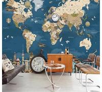 XLMING Retro Nostalgic Unique Animals World Map 3D Wallpaper Silky Texture Home Study Office Grey Dining Room Sofa Bedroom Living Room TV Backdrop-200cm×140cm