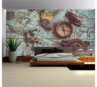 XLMING Retro Nostalgic World Map Compass Art 3D Wallpaper Silky Texture Home Study Office Grey Dining Room Sofa Bedroom Living Room TV Backdrop-150cm×105cm