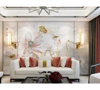 XLMING Retro Pink Lotus Dragonfly Marble Effect 3D Wallpaper Luxury Silk Study Dining Feature Sofa Grey Bedroom Living Room Tv Decorative Wall-300cm×210cm