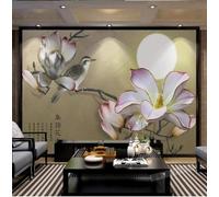 XLMING Retro Relief Magnolia Blossom Moon Little Bird 3D Wallpaper Premium Textured Silk Study Dining Living Room Bedroom Sofa TV Wall Easy Install-350cm×256cm