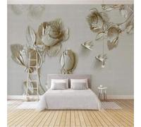 XLMING Retro Three Dimensional Embossed White Roses Birds 3D Wallpaper Silky Texture Home Study Office Grey Dining Room Sofa Bedroom Living Room TV Backdrop-400cm×280cm