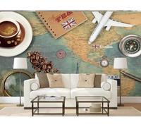 XLMING Retro World Map Coffee Aeroplane 3D Wallpaper Luxury Silk Study Dining Feature Sofa Grey Bedroom Living Room Tv Decorative Wall-430cm×300cm