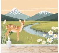 XLMING River Grassland Sika Deer Snow Capped Mountains Wildflowers 3D Wallpaper Silky Texture Home Study Office Grey Dining Room Sofa Bedroom Living Room TV Backdrop-250cm×170cm