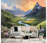 XLMING River Valley Colourful Flowers Snow Capped Mountains Sunset Sky 3D Wallpaper Silky Texture Home Study Office Grey Dining Room Sofa Bedroom Living Room TV Backdrop-150cm×105cm