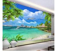 XLMING Sea Dolphins Coconut Palms Houses Birds in Flight 3D Wallpaper Premium Textured Silk Study Dining Living Room Bedroom Sofa TV Wall Easy Install-430cm×300cm