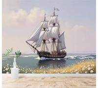 XLMING Sea White Sailing Boat Coast Flowers 3D Wallpaper Silky Texture Home Study Office Grey Dining Room Sofa Bedroom Living Room TV Backdrop-200cm×140cm