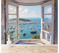 XLMING Seascape Window Sailing Boat Coastal Town Landscape 3D Wallpaper Silky Texture Home Study Office Grey Dining Room Sofa Bedroom Living Room TV Backdrop-300cm×210cm