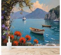 XLMING Seaside Scenery Boats Blue Ocean Mountains Flowers 3D Wallpaper Silky Texture Home Study Office Grey Dining Room Sofa Bedroom Living Room TV Backdrop-430cm×300cm