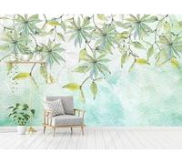 XLMING Simple Fresh Hand Painted Tree Branch Green Leaf 3D Wallpaper Silky Texture Home Study Office Grey Dining Room Sofa Bedroom Living Room TV Backdrop-250cm×170cm