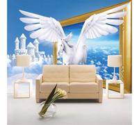 XLMING Sky Fantasy Castle Animals White Horse 3D Wallpaper Silky Texture Home Study Office Grey Dining Room Sofa Bedroom Living Room TV Backdrop-200cm×140cm