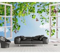 XLMING Sky Plants Green Leaves Butterflies Window 3D Wallpaper Luxury Home Dining Decor Paste Sofa Living Room The Wall for Bedroom Mural-400cm×280cm