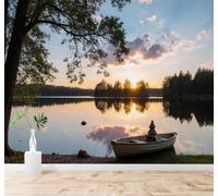 XLMING Small Boat Tranquil Lake Forest Sunset Reflection 3D Wallpaper Silky Texture Home Study Office Grey Dining Room Sofa Bedroom Living Room TV Backdrop-250cm×170cm