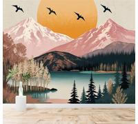 XLMING Snow Capped Mountains Birds in Flight Sunset Pine Forest Seascape 3D Wallpaper Premium Textured Silk Study Dining Living Room Bedroom Sofa TV Wall Easy Install-200cm×140cm