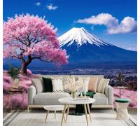 XLMING Snow Capped Mountains Pink Cherry Blossom Trees Blue Sky Scenery 3D Wallpaper Premium Textured Silk Study Dining Living Room Bedroom Sofa TV Wall Easy Install-300cm×210cm