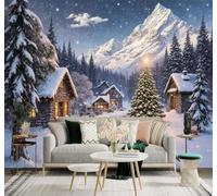 XLMING Snow Capped Mountains Village Pine Trees River Cosy Cottage 3D Wallpaper Silky Texture Home Study Office Grey Dining Room Sofa Bedroom Living Room TV Backdrop-250cm×170cm