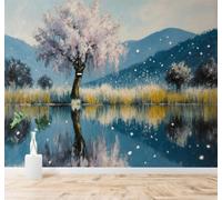 XLMING Spring Trees Reflections Lake Mountains Flowers 3D Wallpaper Premium Textured Silk Study Dining Living Room Bedroom Sofa TV Wall Easy Install-400cm×280cm