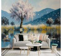 XLMING Spring Trees Reflections Lake Mountains Flowers 3D Wallpaper Silky Texture Home Study Office Grey Dining Room Sofa Bedroom Living Room TV Backdrop-350cm×256cm