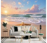 XLMING Starfish Shells Beach Waves Sunset Sky 3D Wallpaper Premium Textured Silk Study Dining Living Room Bedroom Sofa TV Wall Easy Install-300cm×210cm