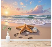 XLMING Starfish Shells Beach Waves Sunset Sky 3D Wallpaper Silky Texture Home Study Office Grey Dining Room Sofa Bedroom Living Room TV Backdrop-430cm×300cm