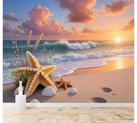 XLMING Starfish Shells Waves Beach Sunset 3D Wallpaper Premium Textured Silk Study Dining Living Room Bedroom Sofa TV Wall Easy Install-250cm×170cm