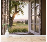 XLMING Sunrise View Through A Window Trees Grass Cityscape in The Distance 3D Wallpaper Silky Texture Home Study Office Grey Dining Room Sofa Bedroom Living Room TV Backdrop-350cm×256cm