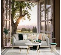 XLMING Sunrise View Through A Window; Trees; Grass; Distant Cityscape 3D Wallpaper Premium Textured Silk Study Dining Living Room Bedroom Sofa TV Wall Easy Install-430cm×300cm