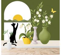 XLMING Sunset By The Window Black Cat Flowers Butterflies 3D Wallpaper Premium Textured Silk Study Dining Living Room Bedroom Sofa TV Wall Easy Install-150cm×105cm