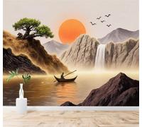XLMING Sunset Lake Boat Waterfall Mountains Birds 3D Wallpaper Premium Textured Silk Study Dining Living Room Bedroom Sofa TV Wall Easy Install-300cm×210cm